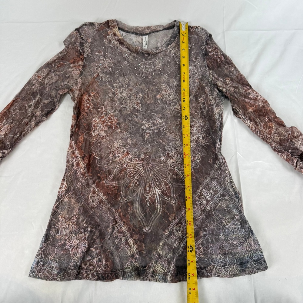 Boho Festival Western Womens Brown Paisley Mesh Rhinestone Long Sleeve Top Y2K M - Picture 7 of 9